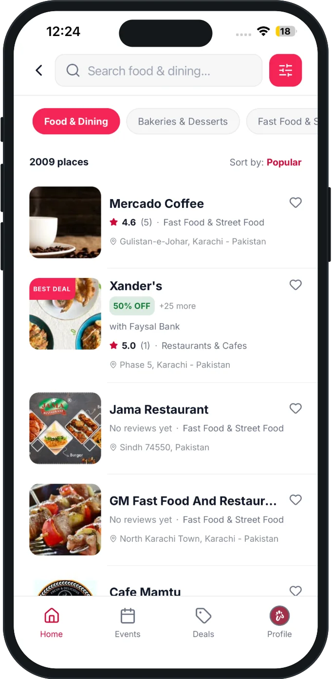 Browsing food and dining places in the app